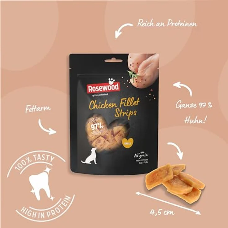 Rosewood Chicken Fillet Strips Small, Weicher Hundesnack mit 97% Huhn, proteinreich, fettarm, ohne Getreide, 170 g – Bild 3