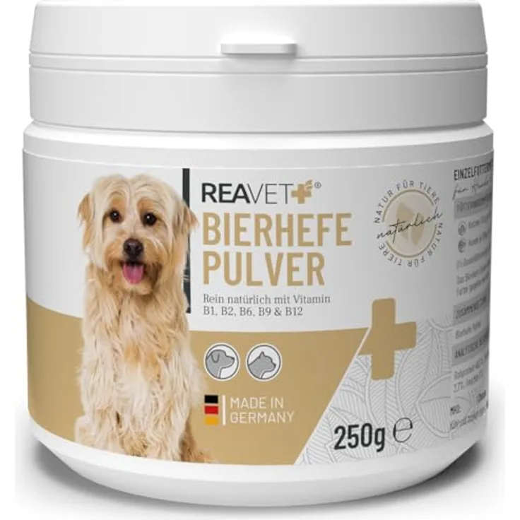 ReaVET Bierhefe Pulver für Hunde & Katzen – Nährstoffreiche Naturergänzung für glänzendes Fell und vitale Haut, reich an Biotin und B-Vitaminen, 250g