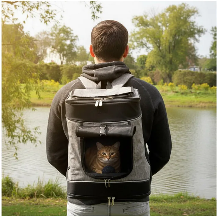 belviona Tiertransporttasche für Hunde & Katzen, stabiler Rucksack bis 14 kg, grau/schwarz mit Belüftung, Trinkflaschenfach & Regenschutz