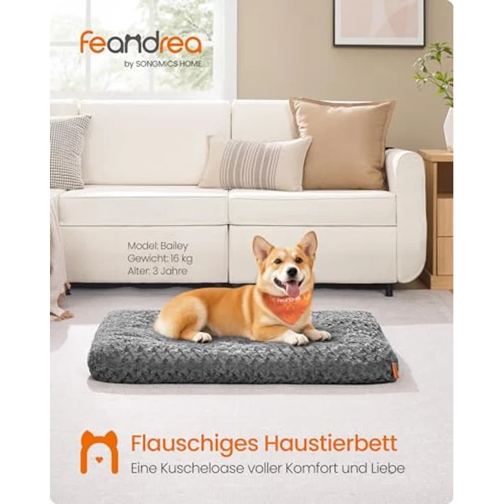 Feandrea Hundebett, 90 x 60 cm, weiche Polsterung aus PV-Plüsch, waschbar, rutschfest, grau – Bild 2