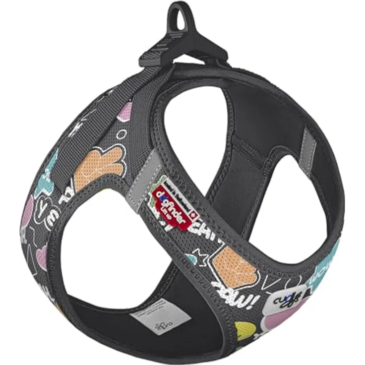 Curli Clasp Vest Geschirr Limited Edition 25, Hunde-Geschirr mit Air-Mesh-Material, schwarzer Comic-Design, reflektierenden Streifen und innovativem Clasp-Verschluss