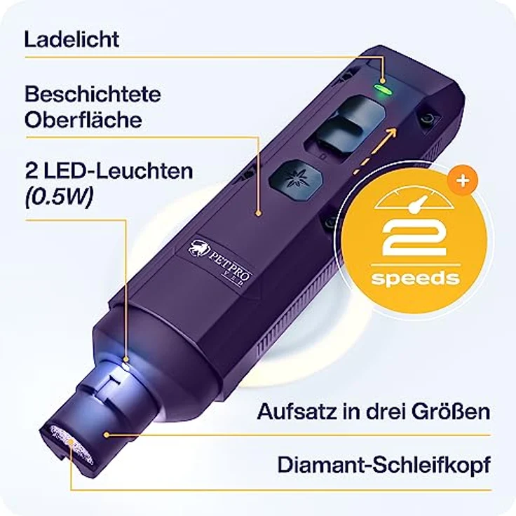 PETPROVED Krallenschleifer für Hunde, elektrischer Nagelschleifer mit LED-Licht, 2 Schleifgeschwindigkeiten, kabelloser Betrieb, inkl. 2 Schleifköpfen und Nagelknipser – Bild 3