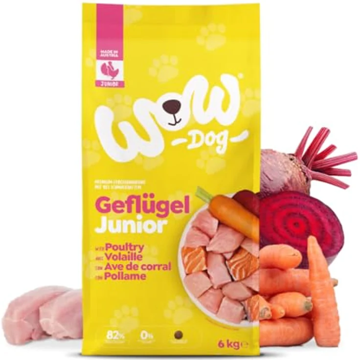WOW Junior Geflügel, Hunde-Trockenfutter für Welpen und Junghunde, 2 x 6 kg, getreidefrei, mit Gemüse und präbiotischen Ballaststoffen – Bild 1