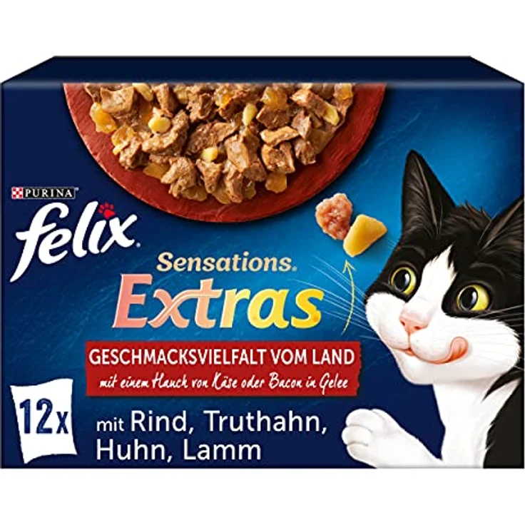 Felix Sensations Extras Katzenfutter nass in Gelee, Geschmacksvielfalt vom Land, 6er Pack (6 x 12 Beutel à 85g), mit Rind, Truthahn, Huhn, Lamm, ohne Konservierungsstoffe – Bild 1