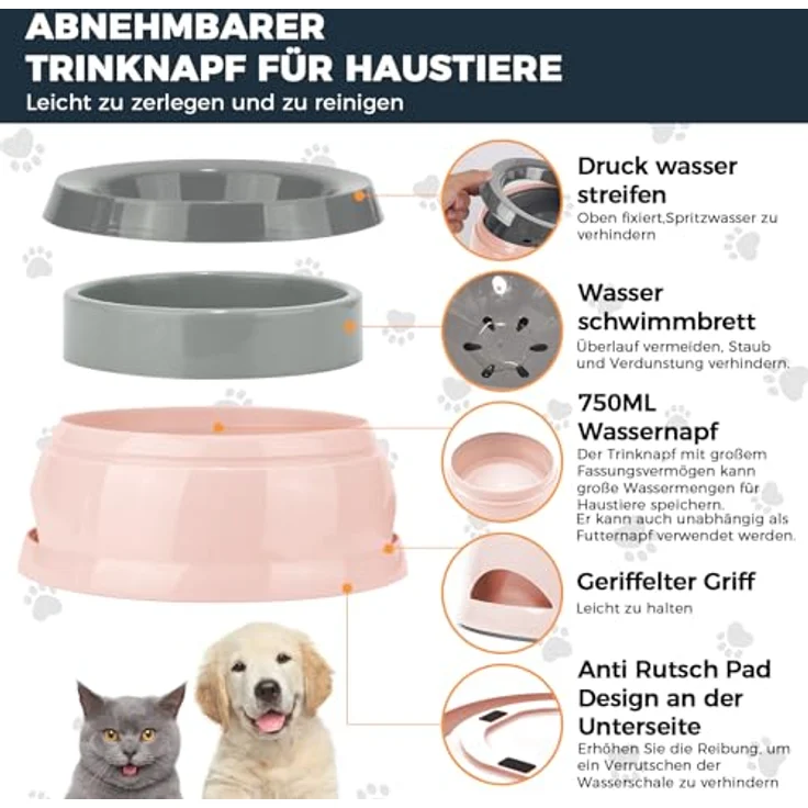 Qianyou Wassernapf für Hunde Unterwegs 750ml, Auslaufsicherer Trinknapf mit Spritzschutz, rutschfest und tragbar, Abnehmbarer Kunststoff, Rosa – Bild 3