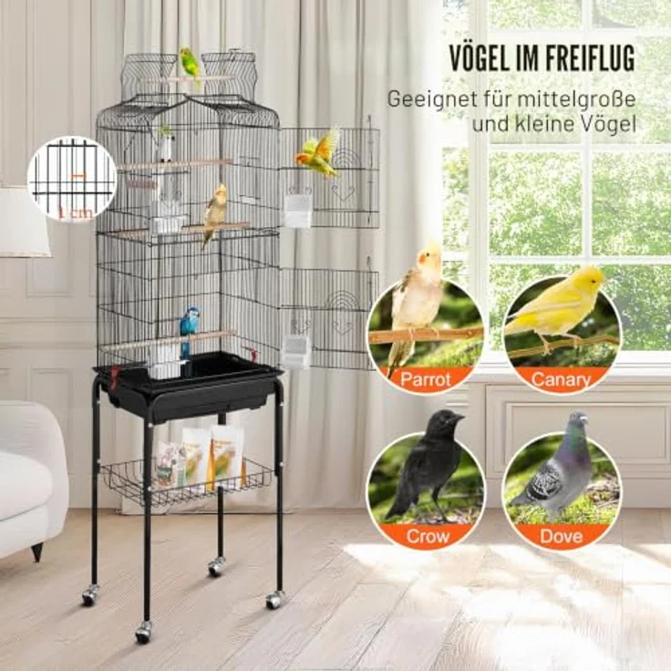 VEVOR Vogelkäfig 45,7x35,5x151cm, Vogelvoliere mit offener Oberseite, 4 Sitzstangen und rollbarem Ständer, herausnehmbares Tablett, für Wellensittiche und Papageien – Bild 3