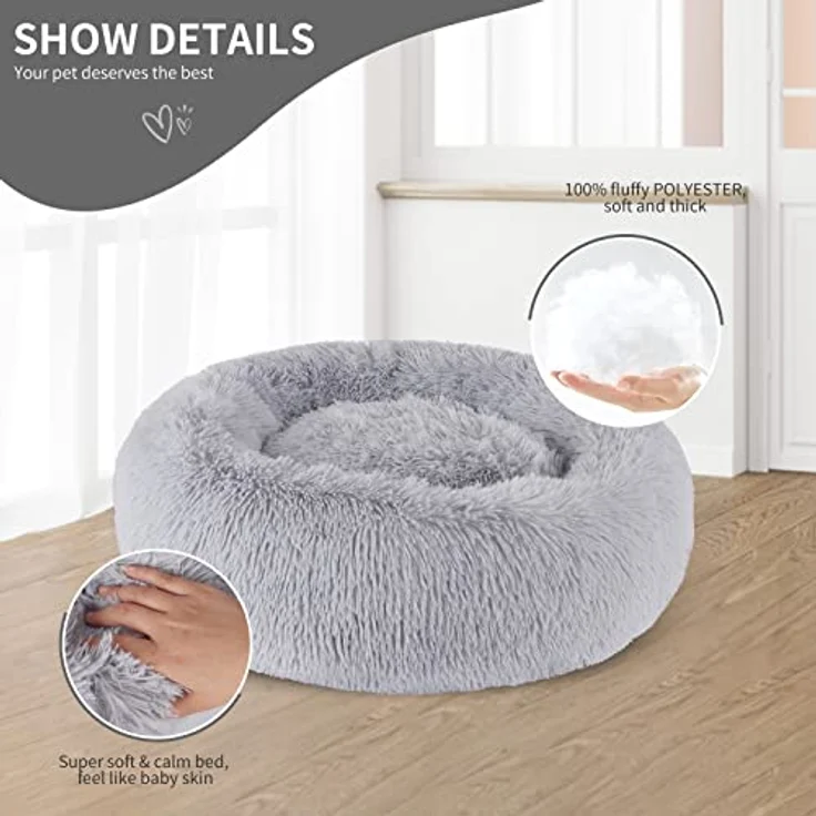 BVAGSS Rundes Hundebett & Katzenbett, Flauschig Donut aus ultraweichem Plüsch, Waschbar, 40 cm Durchmesser, Lichtgrau – Bild 2