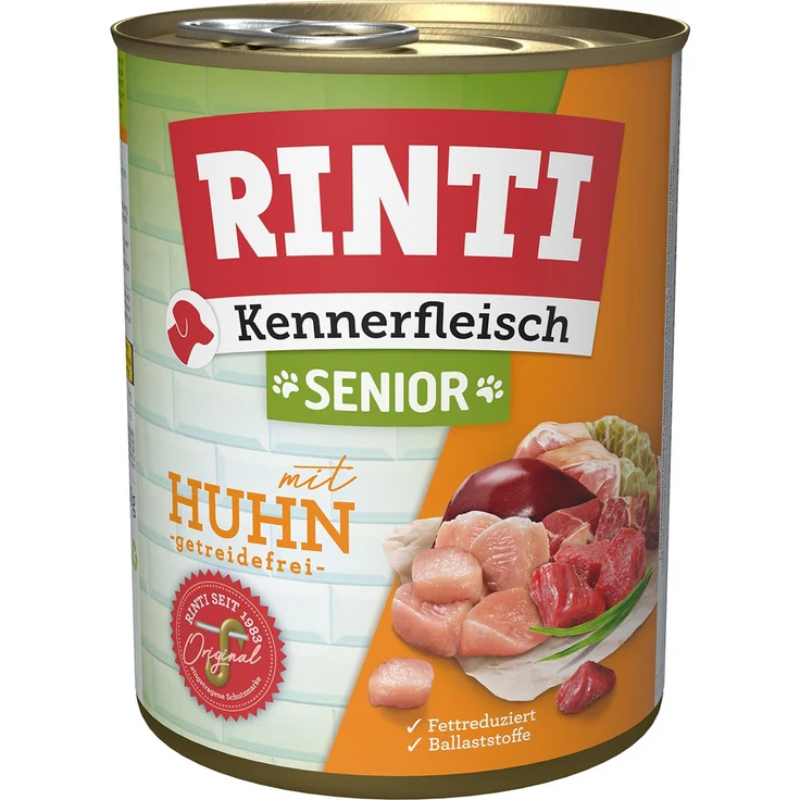 Rinti Kennerfleisch Senior Huhn, Hunde-Nassfutter in 12x800g, schonend zubereitet für natürlichen Geschmack