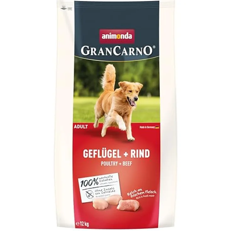 animonda GranCarno Adult Hundetrockenfutter getreidefrei Geflügel + Rind, 12 kg, Trockenfutter ohne Gluten und Weizen für hohe Bekömmlichkeit