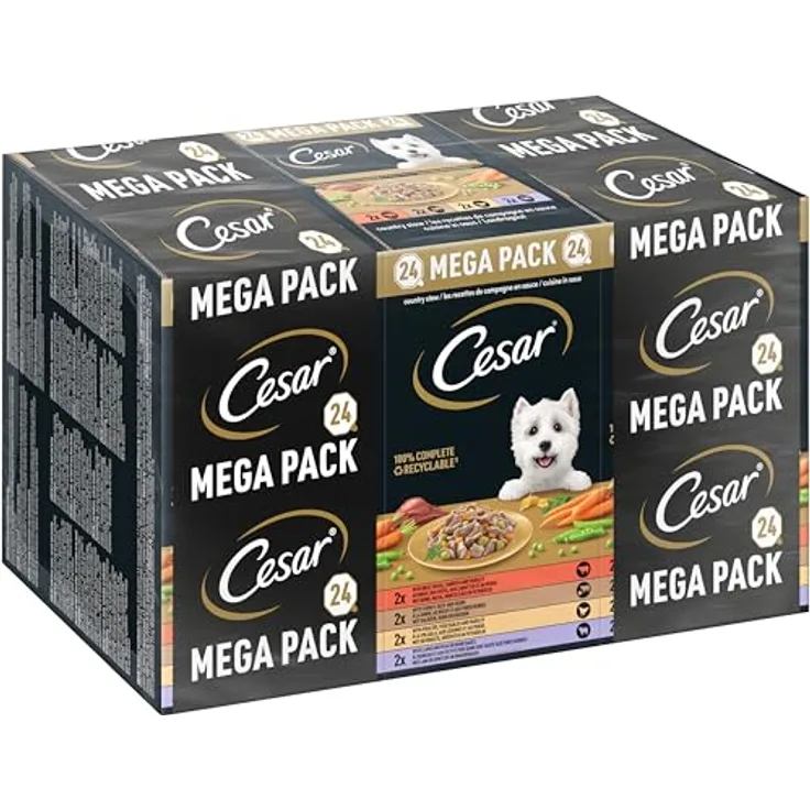 Cesar Megapack Landragout, Hundenassfutter in der Schale, 4 Varietäten, 24 x 150g, ohne Zuckerzusatz, schonend zubereitet
