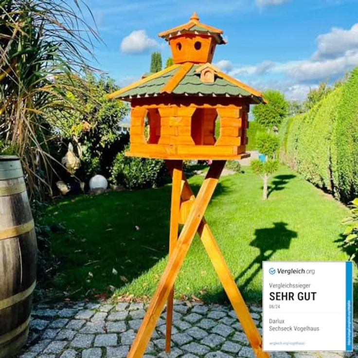 DARLUX handgefertigtes Sechseck Vogelhaus aus Holz, wetterfest, Größe XXL mit Ständer, Grün - Braun, inkl. Futterspender und Schornsteindeckel – Bild 1