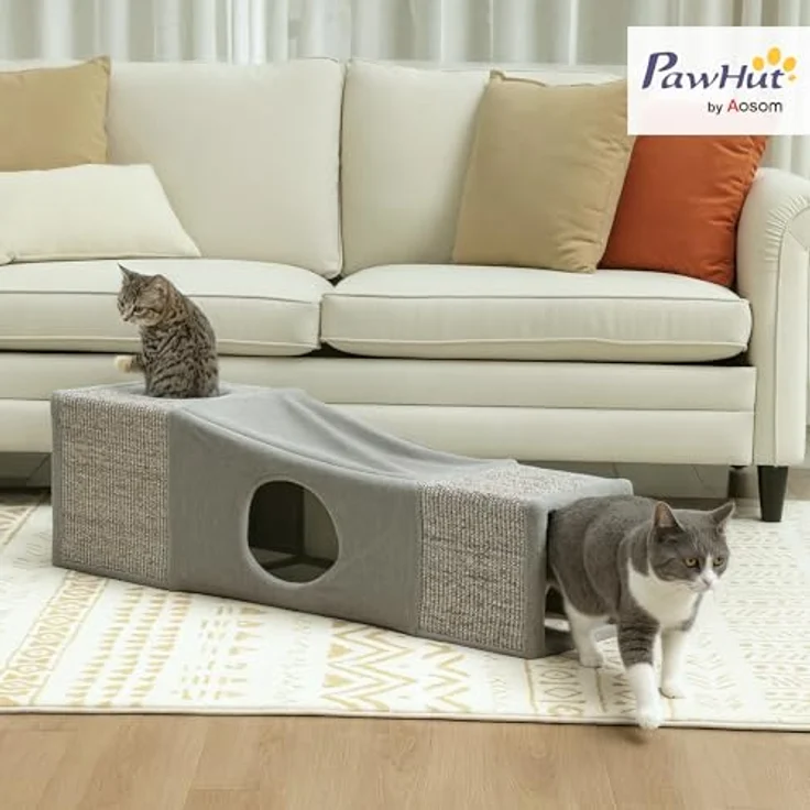PawHut Katzentunnel Faltbar, Rascheltunnel mit hängendem Ball, Katzenspielzeug und Katzenhöhle, 98 x 30 cm, Braun+Grau – Bild 2