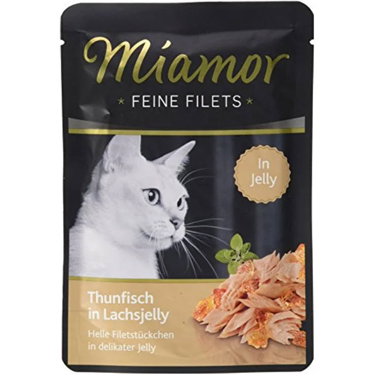 Miamor Feine Filets in Jelly Thunfisch in Lachsjelly, 24 x 100 g, leicht verdauliches Nassfutter ohne Leber und Innereien, ideal für ältere Katzen und bei Übergewicht – Bild 1