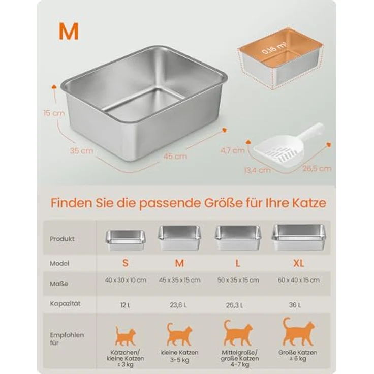Feandrea Katzenklo Edelstahl, offene Katzentoilette M mit antihaftbeschichteter Oberfläche, geruchsfrei, leicht zu reinigen, 45 x 35 x 15 cm für Kätzchen und kleine Katzen – Bild 5