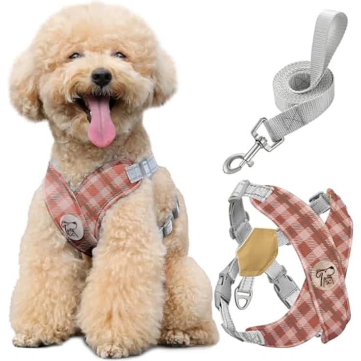 Pawaboo Hundegeschirr mit Leine Set, X-Rahmen Verstellbares Anti-Zug Brustgeschirr für Kleine und Mittelgroße Hunde, M, Khaki Kariert – Bild 1