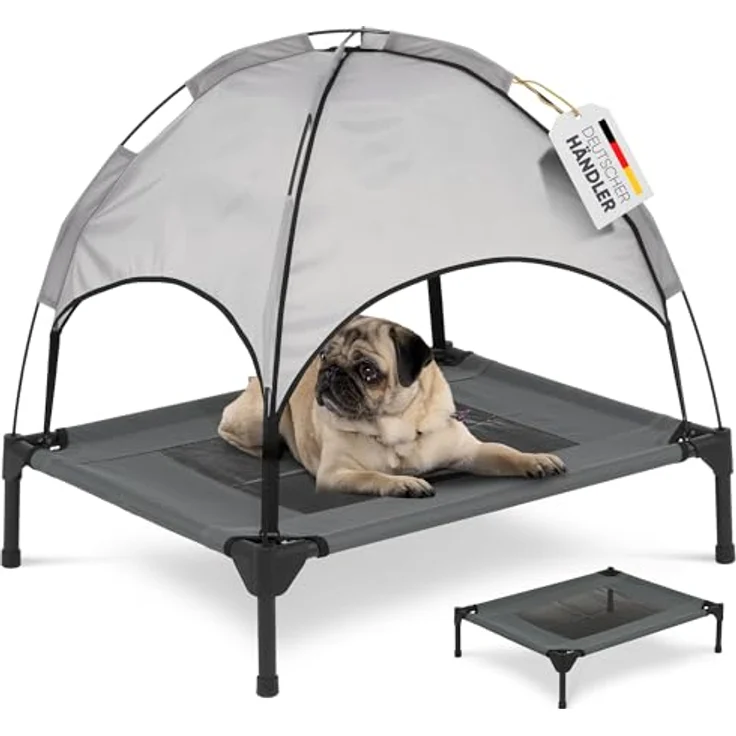 Deuline Hundeliege M mit Dach, erhöhtes Hundebett für Garten & Outdoor, grau, 76x61x18/71 cm – Bild 1