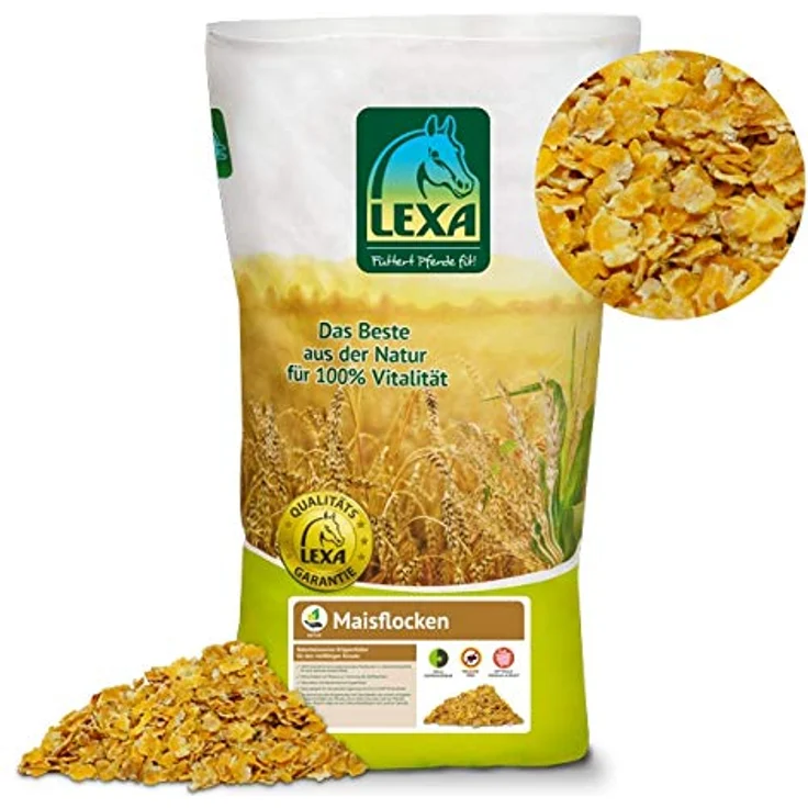 LEXA Maisflocken 25 kg Sack, 100% hydrothermisch aufgenommene Pferdefutterflocken, nach Lebensmittelstandards hergestellt – Bild 1