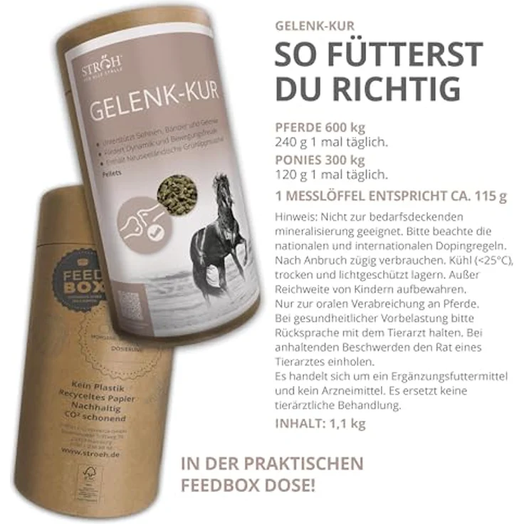 STRÖH Gelenk-Kur für Pferde, 1,1 kg Dose mit Grünlippmuschel, Kollagen, Antioxidantien & Omega-3-Fettsäuren zur Unterstützung von Gelenken, Bändern & Sehnen – Bild 4