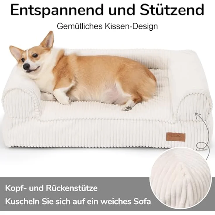 FUKUMARU Hundebett für große Hunde, Flauschiges & wasserabweisendes Katzensofa aus Cordstoff, Waschbar, rutschfest, Abnehmbarer Reißverschlussbezug, 93 x 63 x 22 cm, Creme – Bild 2