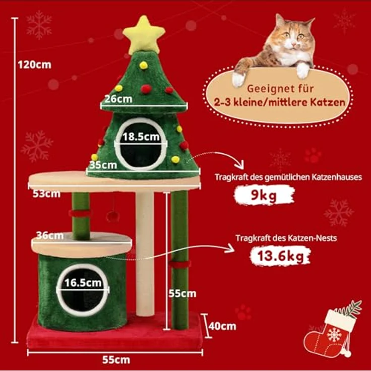 COMHOMA Kratzbaum Weihnachtsbaum-Design 123cm, stabiler Katzenturm mit Sisal-Kratzsäulen, mehrstöckiges Katzenhaus mit Plattformen und Spielball – Bild 6