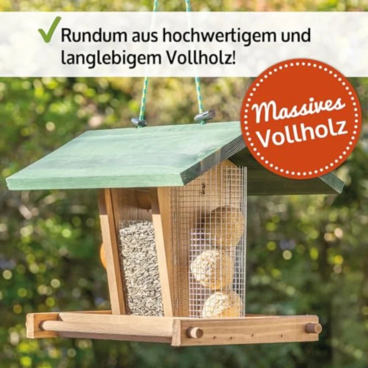 Zooprinz Vogelhaus "Bird Kitchen", wetterfestes Vollholz mit Plexiglasscheiben, Sitzstangen und Schutzdach, weiß oder naturbraun – Bild 7