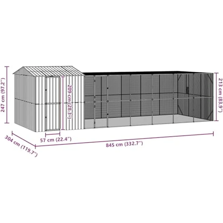 vidaXL Vogelkäfig Anthrazit 845 x 304 x 247 cm, Verzinkter Stahl, Moderne wetterfeste Vogelvoliere für draußen, Geräumiges rechteckiges Gehege – Bild 3