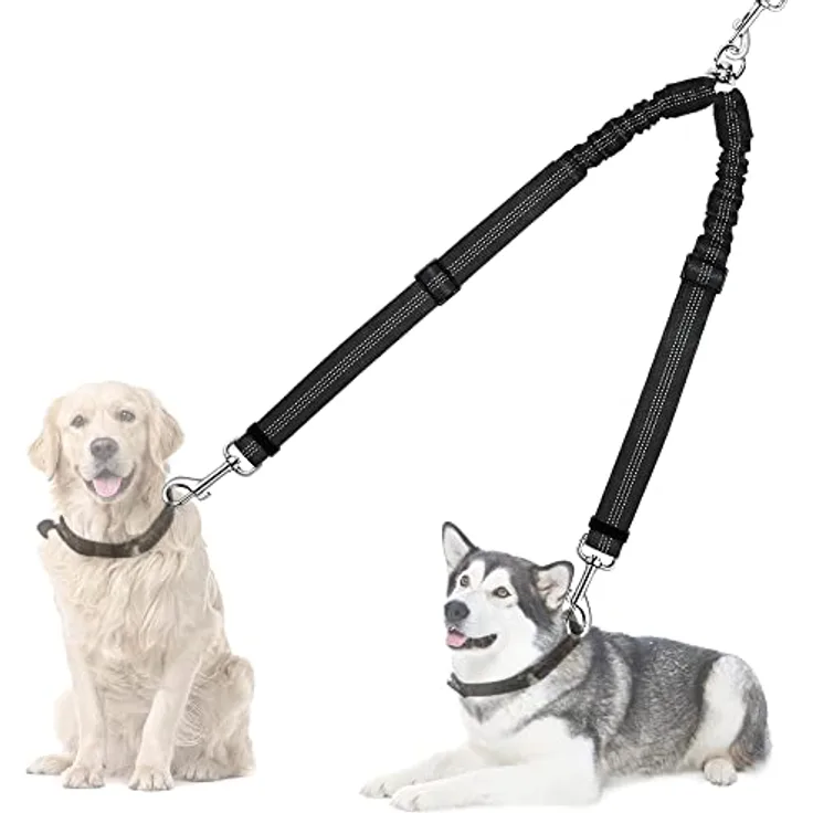 Nasjac Doppelte Hundeleine, 360° drehbarer Splitter für zwei Hunde, verstellbare stoßdämpfende Bungee-reflektierende Leine für kleine, mittlere und große Hunde