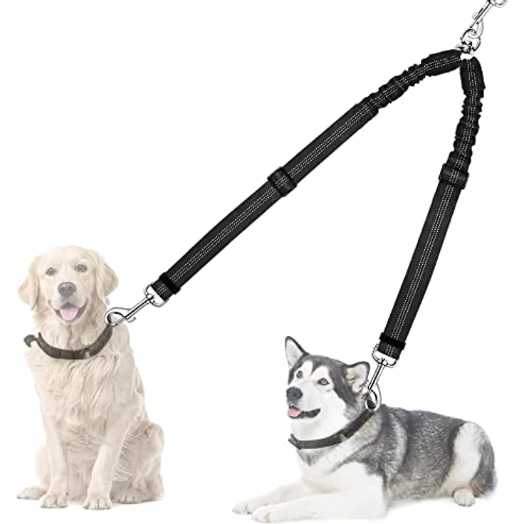 Nasjac Doppelte Hundeleine, 360° drehbarer Splitter für zwei Hunde, verstellbare stoßdämpfende Bungee-reflektierende Leine für kleine, mittlere und große Hunde – Bild 1