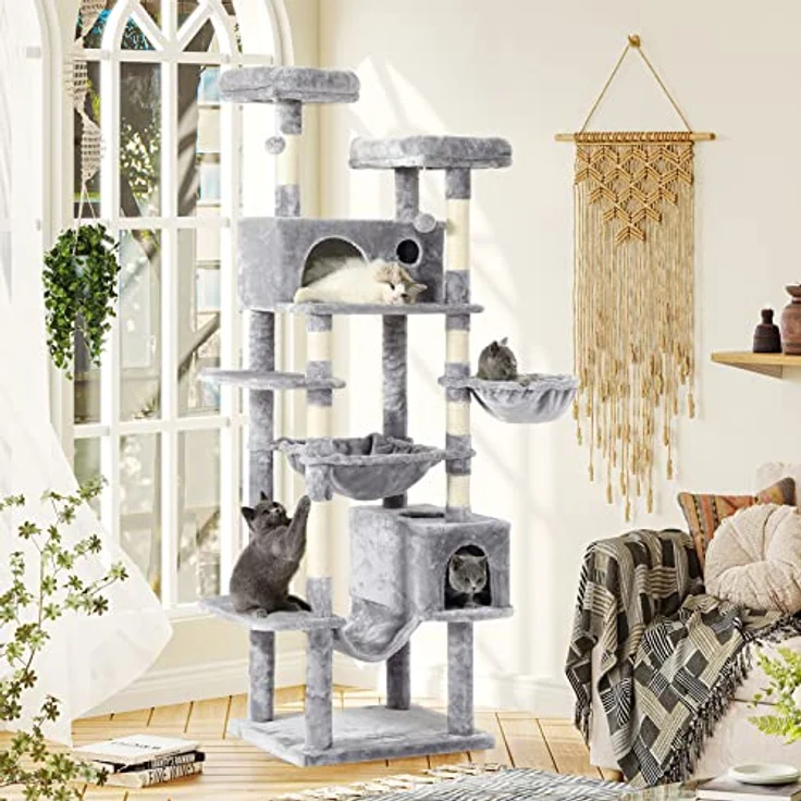 MSmask Kratzbaum XXL, 193 cm hoch mit 2 Höhlen, 2 Plattformen, Hängematte und stabiler Konstruktion für große Katzen – Bild 2