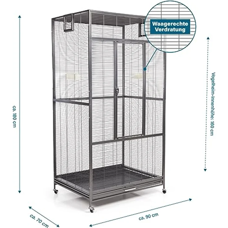 Montana Cages Premium Voliere New Sydney I Antik, Vogelkäfig für Sittiche und kleine Papageien, inkl. 2 Näpfe, 4 Lenkrollen, AVILON Pulverbeschichtung, ca. 90 x 70 x 180 cm – Bild 2