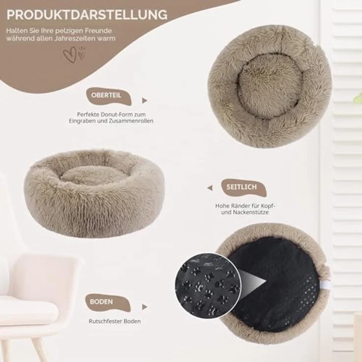 BVAGSS Hundebett Rund, Flauschiges Donut Kuschelkissen aus ultraweichem Plüsch, Waschbar, Durchmesser 80 cm, Hellbraun, für kleine und mittelgroße Hunde und Katzen – Bild 3