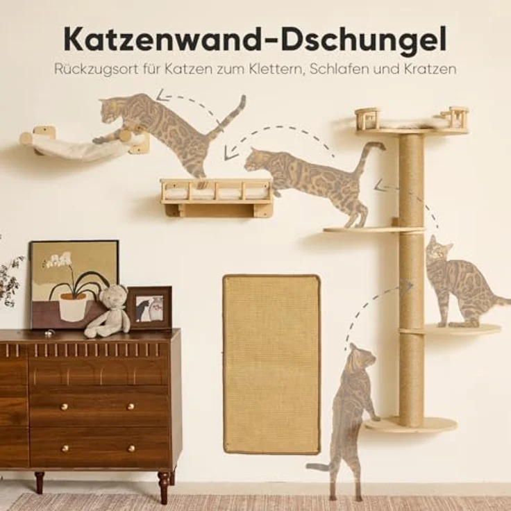 FUKUMARU Kletterwand Katzen-Set, 4 in 1 Wandmöbel mit Hängematte, Kratzbaum, Wandregalen und Sisalmatte – Platzsparend, Beige – Bild 3