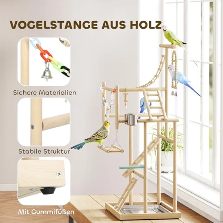 PawHut Vogelhaus mit Spielzeug, Naturholz, Edelstahlwanne für Nymphensittiche, Conures und Unzertrennliche – Bild 3