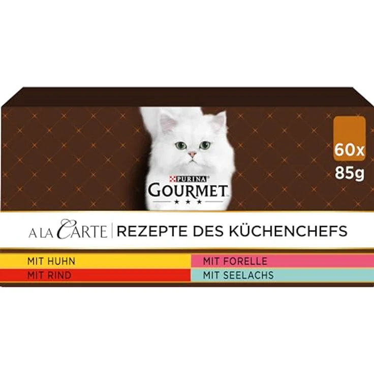 Gourmet A la Carte Katzenfutter nass, Sorten-Mix mit Huhn, Rind, Forelle und Seelachs, 60er Pack (60 x 85g), ohne künstliche Zusatzstoffe – Bild 1