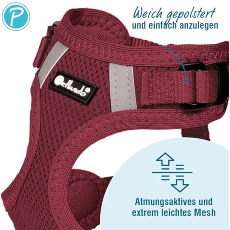 Petlando Hundegeschirr Mesh Vest M, leichtes Brustgeschirr aus atmungsaktivem Mesh & Nylon, stufenlos verstellbar, reflektierend, Bordeaux – Bild 3