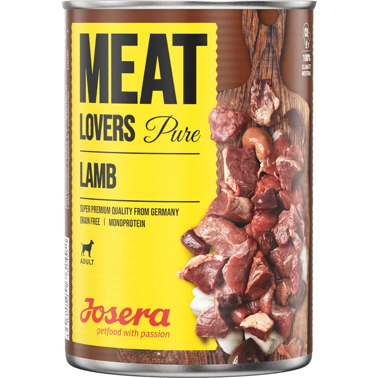 Josera Meatlovers Pure, Sparpaket 12 x 800 g, Nassfutter für Hunde mit Lamm, getreide- und zuckerfrei, Single Animal Protein