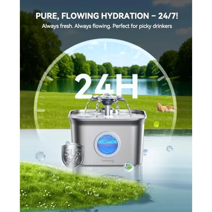FEELNEEDY 2.8L Katzenbrunnen Edelstahl mit 4-stufigem Filtersystem, ultra-leiser Pumpe und LED-Beleuchtung – Bild 3