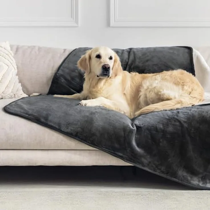 Dreamzie wasserdichte Decke 127x152 cm, reversible Hundedecke aus Sherpa-Fleece, waschbar in Dunkelgrau, ideal für Sofa und Bett