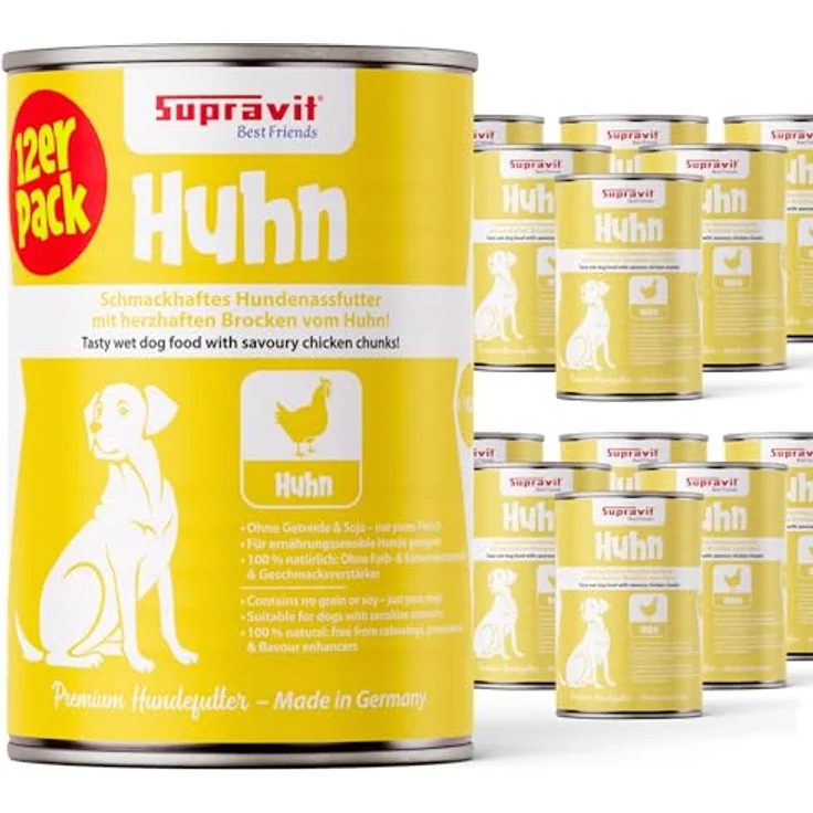 Supravit Nassfutter Huhn für Hunde, 12 x 410g, getreidefrei, ohne Zusatzstoffe, leicht bekömmlich – Bild 1