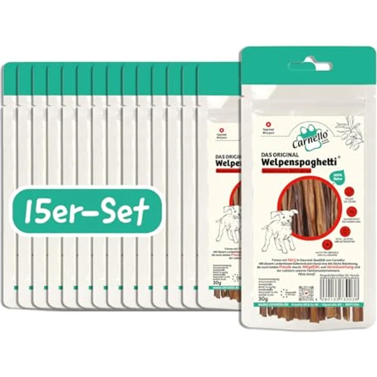 Carnello Welpenspaghetti – Getreidefreier Snack für kleine Hunde, 15 x 30g im wiederverschließbaren Beutel, gesund und ohne künstliche Zusätze