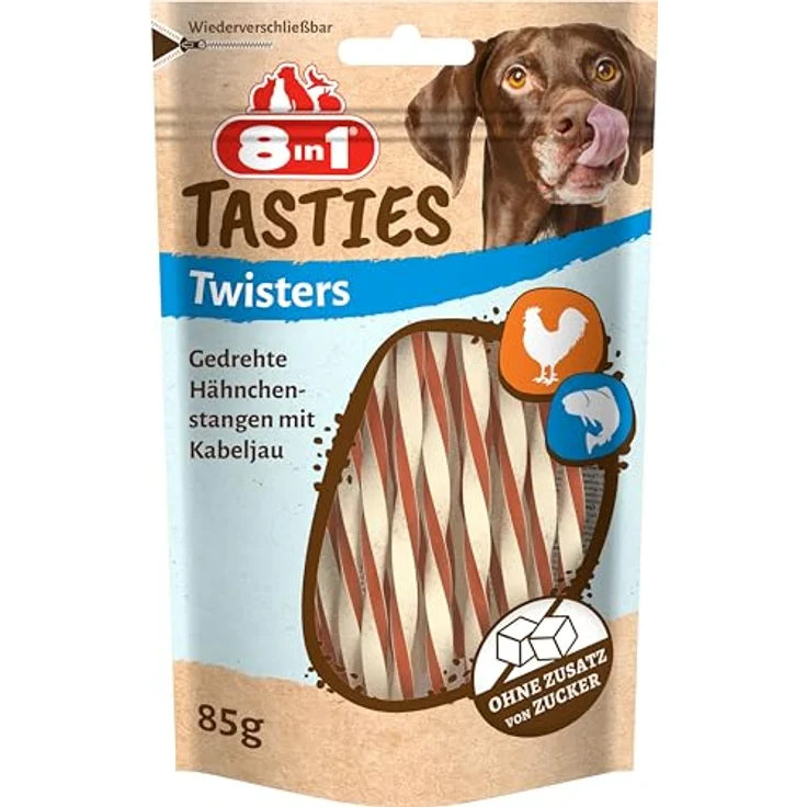 8in1 Tasties Twisters Snack-Stangen, glutenfreie Hunde-Leckerlis mit Kabeljau & Hähnchenbrust, 85 g – Bild 1