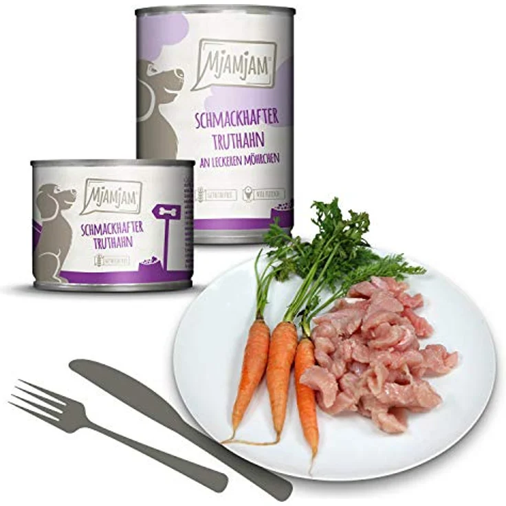 MjAMjAM Premium Nassfutter für Hunde Mixpaket II, 6er Pack (6 x 400 g) mit Huhn & Ente, Rind, Pute, Kalb, Truthahn, Lamm – naturbelassen, glutenfrei, hoher Fleischanteil – Bild 4