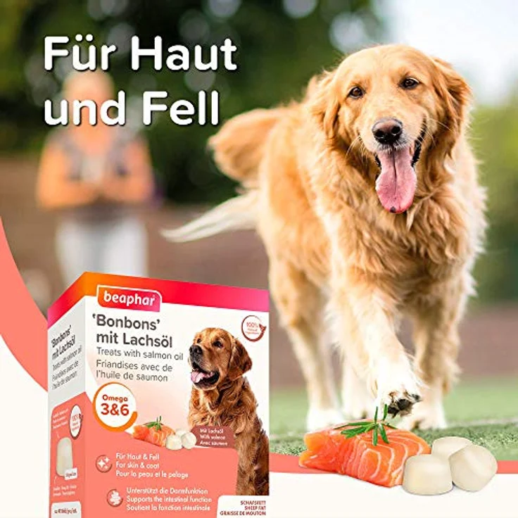 beaphar 'Bonbons' mit Lachsöl, getreidefreier Hundesnack, Sparpaket 2 x 245 g, reich an Omega 3, 6 und 9, weich und leicht teilbar – Bild 4