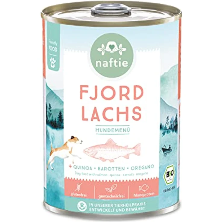 naftie Bio Hundefutter Fjord Lachs, Premium Nassfutter mit Lachs-Fisch & Quinoa, getreidefrei, glutenfrei, purinarm, Diät-Futter, 400g Dose – Bild 1