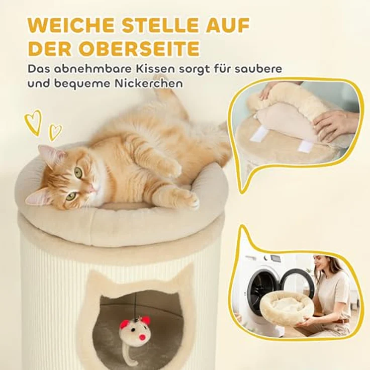 PawHut Kratztonne 96 cm hoch Ø 38 cm, vierstöckige Katzenhöhle mit Plüschrand, abnehmbaren und waschbarem Plüschbett, interaktiven Spielmäusen, cremeweiß – Bild 5