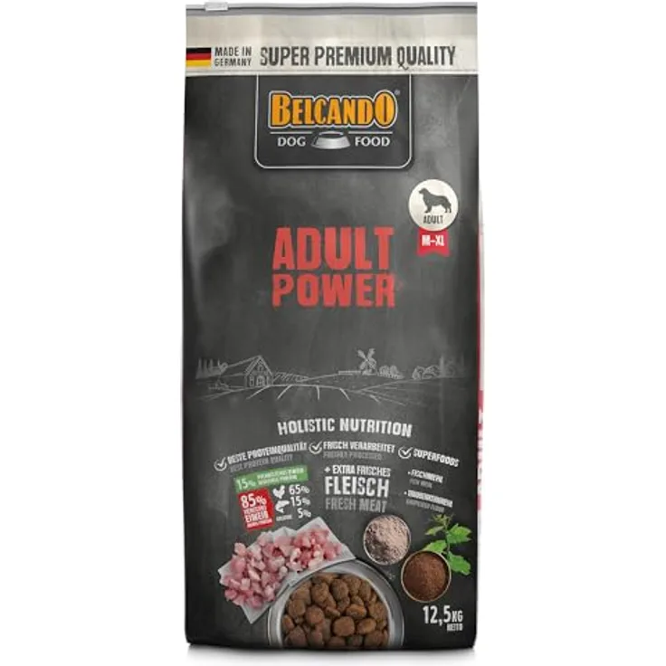 BELCANDO Adult Power, Trockenfutter für aktive Hunde & Zuchthündinnen, 12,5 kg, mit 30% frischem Geflügel, alleinfuttermittel für Hunde ab 1 Jahr