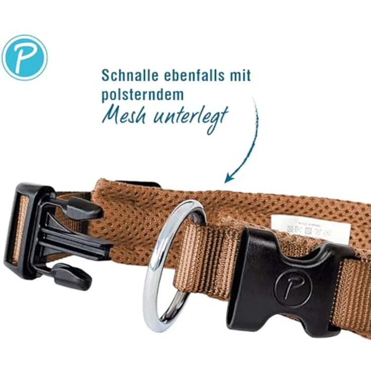 Petlando Mesh Hundehalsband XL 55-60cm, leicht, atmungsaktiv und weich gepolstert in Cognac, stufenlos verstellbar, robust mit O-Ring – Bild 3