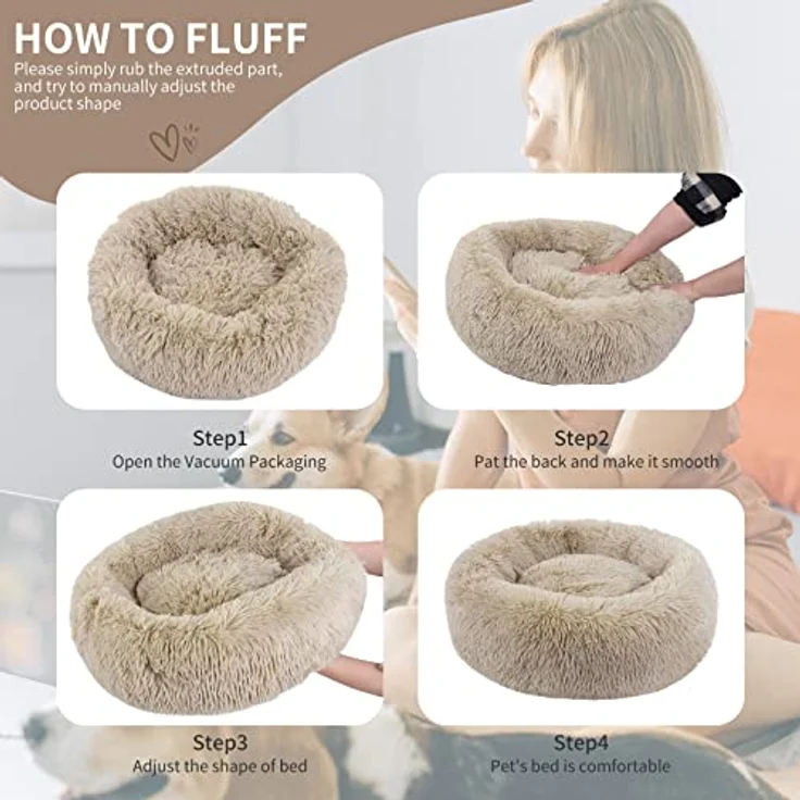 BVAGSS Rundes Hundebett, Flauschiges Donut Katzenbett aus Ultra Weichem Plüsch, Waschbar, für Kleine, Mittelgroße und Große Hunde und Katzen, 40 cm, Hellbraun – Bild 5