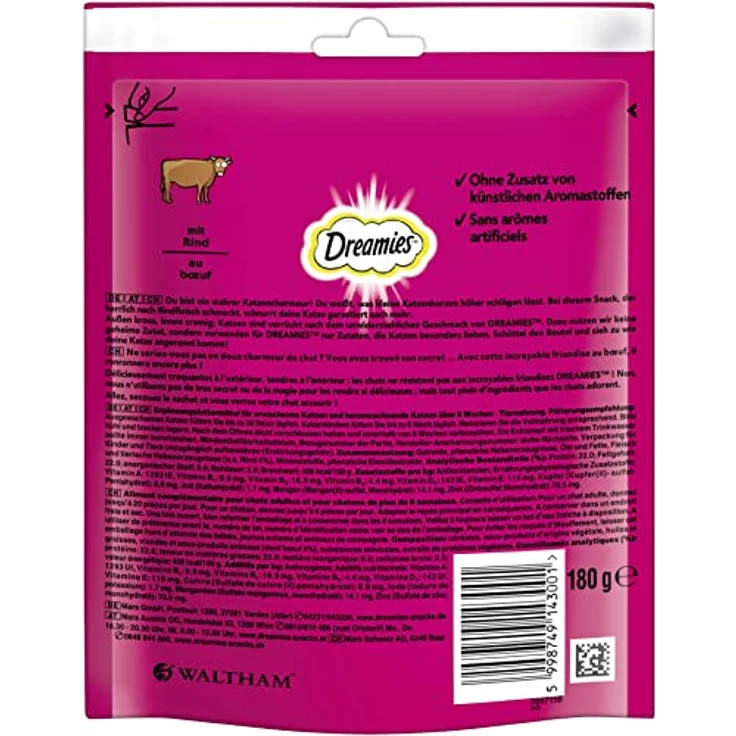 Dreamies Portionsbeutel Mega Pack, Katzensnack mit Rind, 180g, ohne Farb- und Aromastoffe