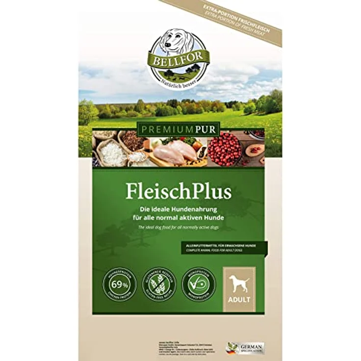 Bellfor Premium PUR FleischPlus, Glutefreies Hundefutter mit 61% Fleischanteil, 10 kg, für normal aktive Hunde – Bild 3